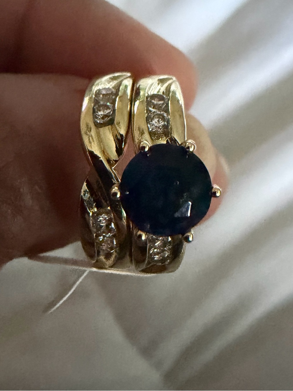 Gold Ring Set with Dark Blue Center Stone and Diamond Accents - Women Jewelry